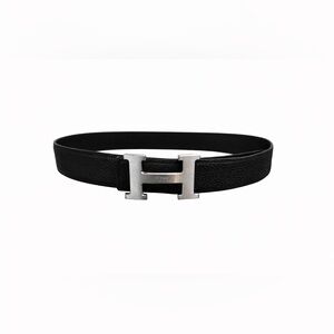 Hermès Style Adjustable H Belt Black Leather Silver Hardware